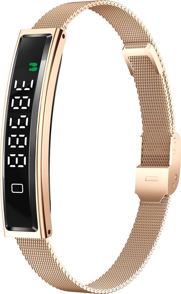 Knobbout Smart Armband – 4.5*1cm screen- Kleurenscherm, Hartslag-, Bloedzuurstof-, Stress- & Slaapmonitor, Sportmodi, Oproep- & Berichtmeldingen, Vrouwen Cyclus, Afstandsbediening Camera, Waterbestendig - Rosegouden staal +Silicone band — afbeelding 1