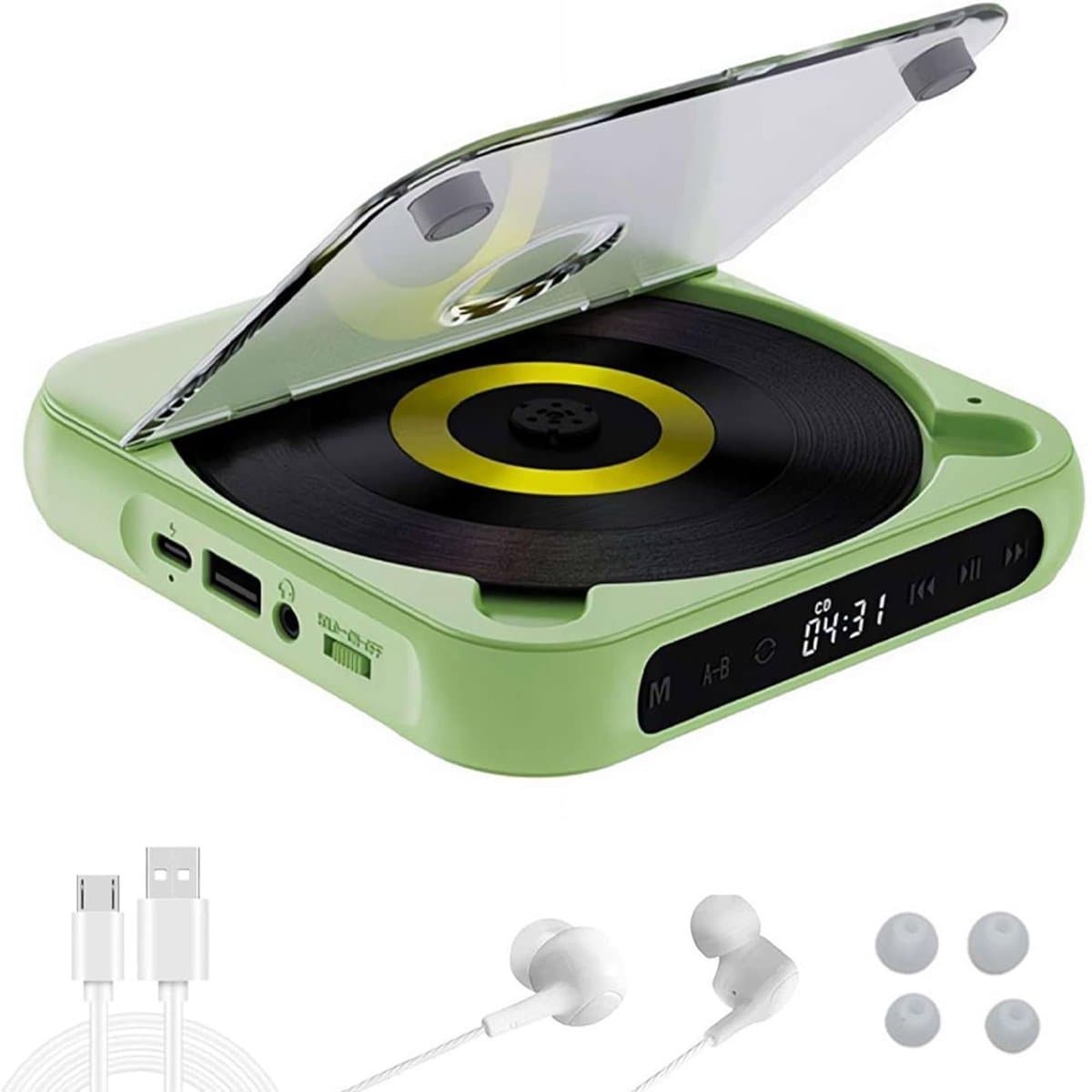 CD Speler - Draagbare Bluetooth-cd-speler met USB-C-snelladen - Ultradun en compact - Ondersteunt CD/CD-R/CD-RW/MP3/WMA-formaten - Geschikt voor zowel reizen als thuisgebruik - 3.5 MM AuxIngebouwde speaker - Met oortjes en datakabel - 2000mah — afbeelding 1
