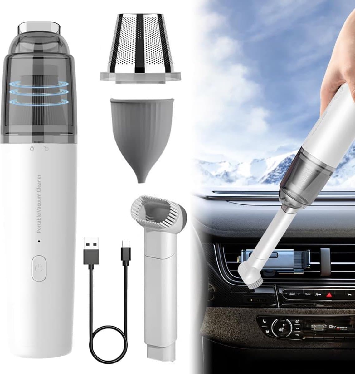 Draadloze autostofzuiger - mini handstofzuiger met 3500Pa zuigkracht en USB C opladen - voor auto bureau toetsenbord en thuis - wit — afbeelding 1
