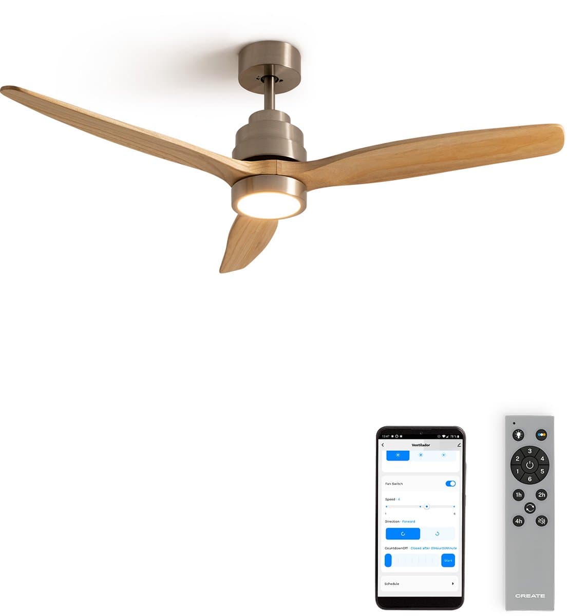 CREATE - Plafondventilator 40W silent (Ø112cm) 100% hout verschillende maten - Met licht LED - Met WiFi - WIND STYLANCE NATURAL WOOD — afbeelding 1