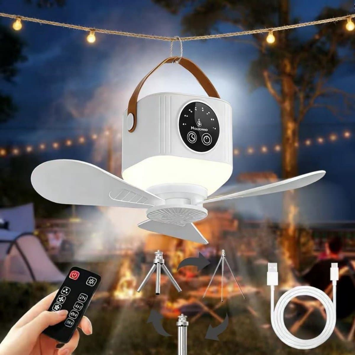 GELLDG Plafondventilator met Verlichting - Oplaadbare Ventilator met USB & 7200mAh Accu - 4 Windsnelheden, 3 Lichtstanden, Timer 2/4/8/12H - Geschikt voor Binnen en Buiten Gebruik - Incl. Afstandsbediening, Draagriem, Statief en Kabel — afbeelding 1