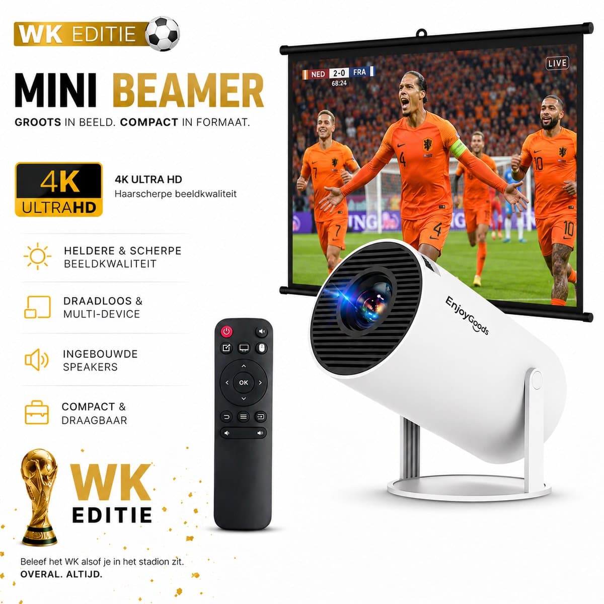 EnjoyGoods® Pro Mini Beamer 2026 – Inclusief Projectiescherm - Alles-in-één – Smart Projector met Android 14, WiFi 6 & Bluetooth 5.4 – 4K Support – WK streamen – Draagbare HD Beamer voor Film & Gaming - Alles‑in‑één Thuisbioscoop — afbeelding 1
