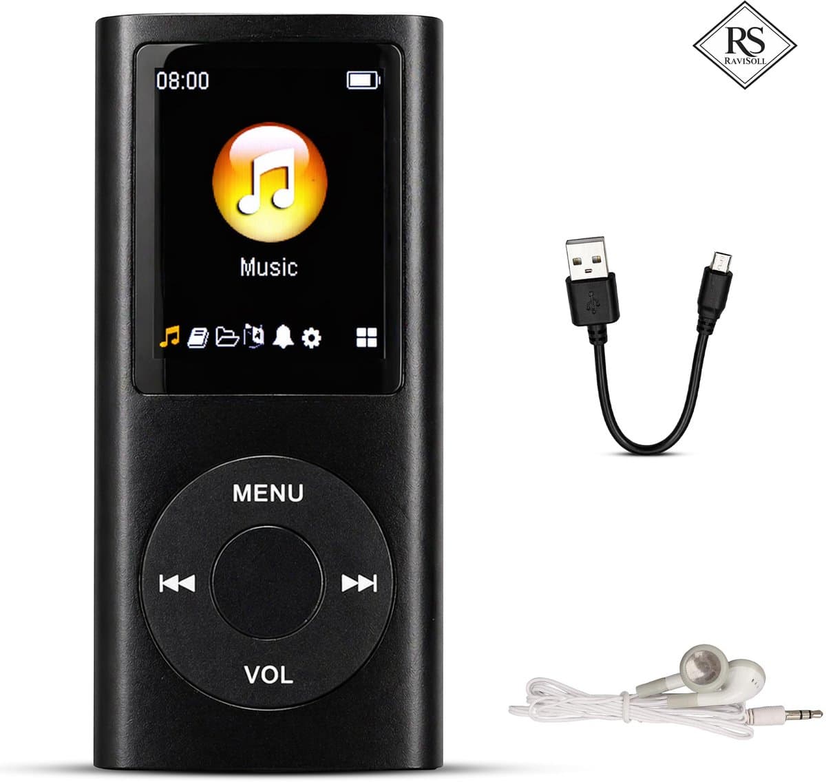 RaviSoll MP3/MP4 Speler Bluetooth – 32GB Opslag – 16 Uur Batterijduur – Lichtgewicht (90g) – FM Radio & Voicerecorder – E-book Functie – Inclusief SD-kaart — afbeelding 1