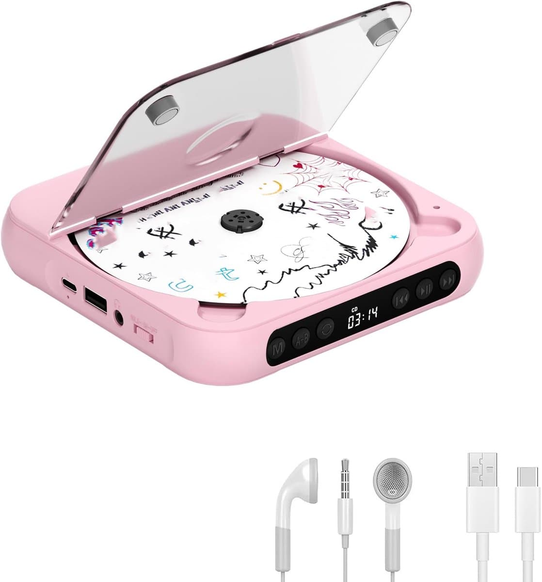KZQ Draagbare cd-speler met Bluetooth 5.3 – roze, 2000 mAh, ondersteunt CD/USB/SD/AUX, voor thuis en reis — afbeelding 1