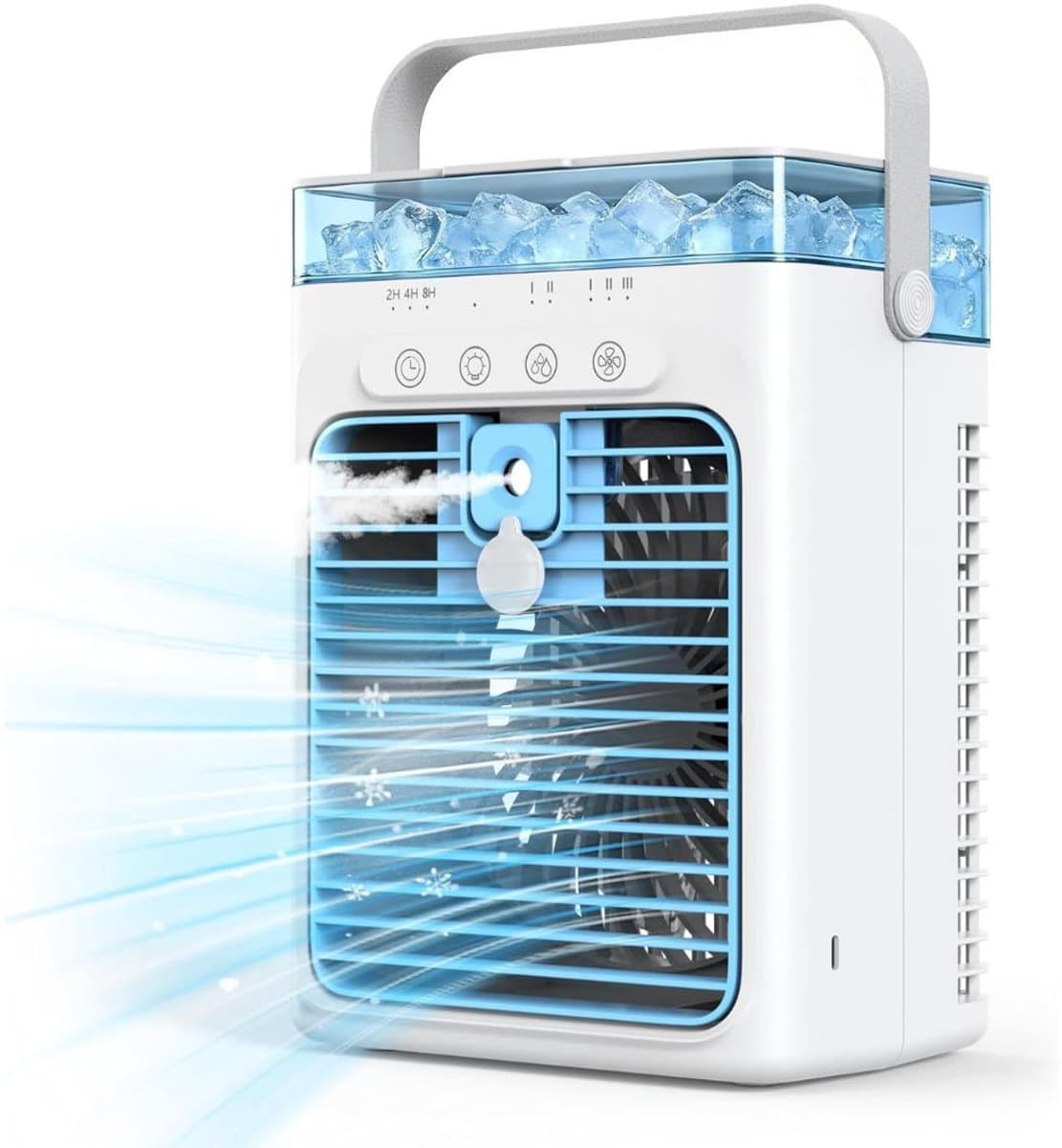 SNJY® Mobiele Airco Zonder Afvoer - Mobiele Airco voor Slaapkamer - Luchtkoeler - Aircooler - 2 Bevochtigingsniveaus - 3 Windsnelheden - 1L - Wit/Blauw — afbeelding 1