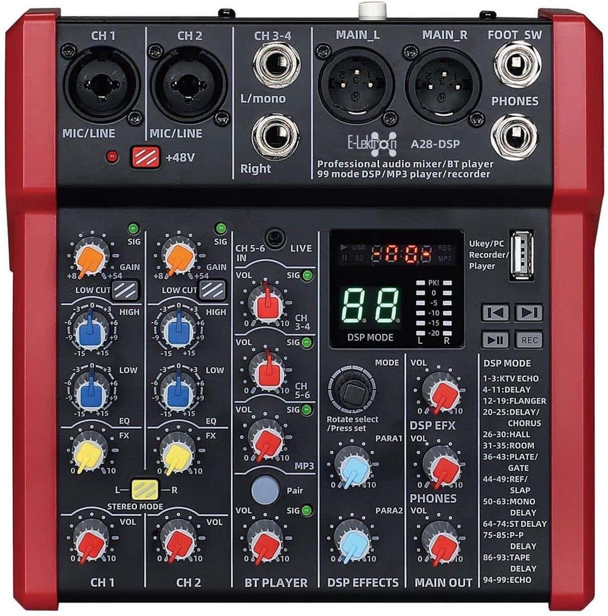 E-Lektron A28-DSP 6 kanaals mengpaneel - USB interface en DSP effecten — afbeelding 1