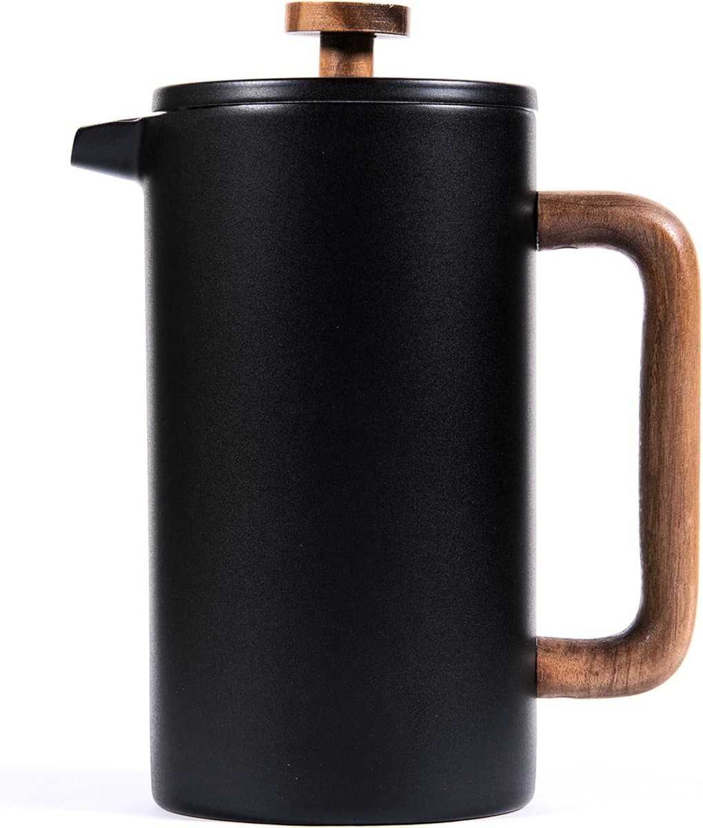 House of Husk French Press Cafetière - 1 Liter - Dubbelwandig - Zwart / Acacia Hout — afbeelding 1