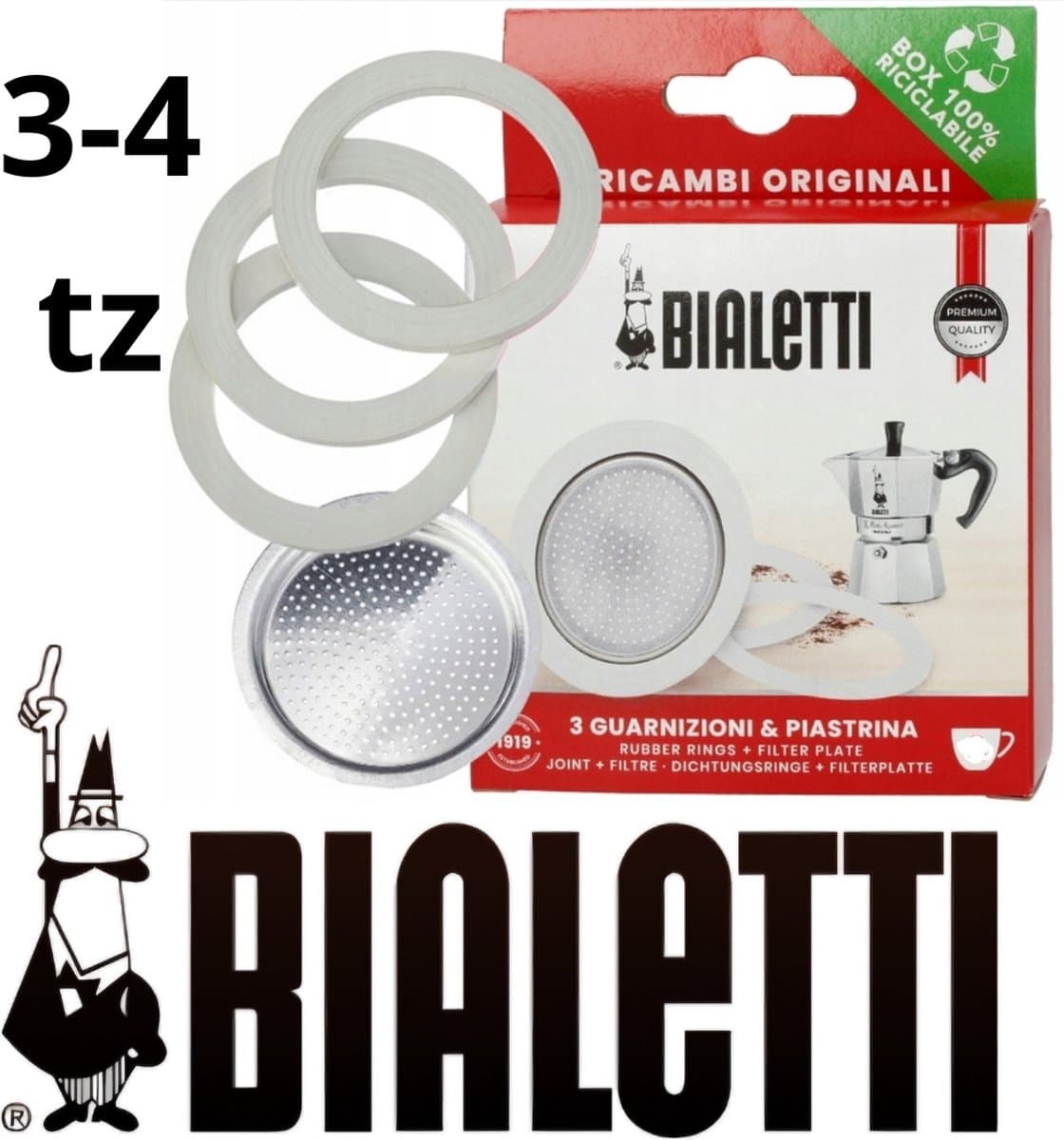 3 afdichtingen + 1 filter voor Bialetti 3-4 tz koffiezetapparaten — afbeelding 1