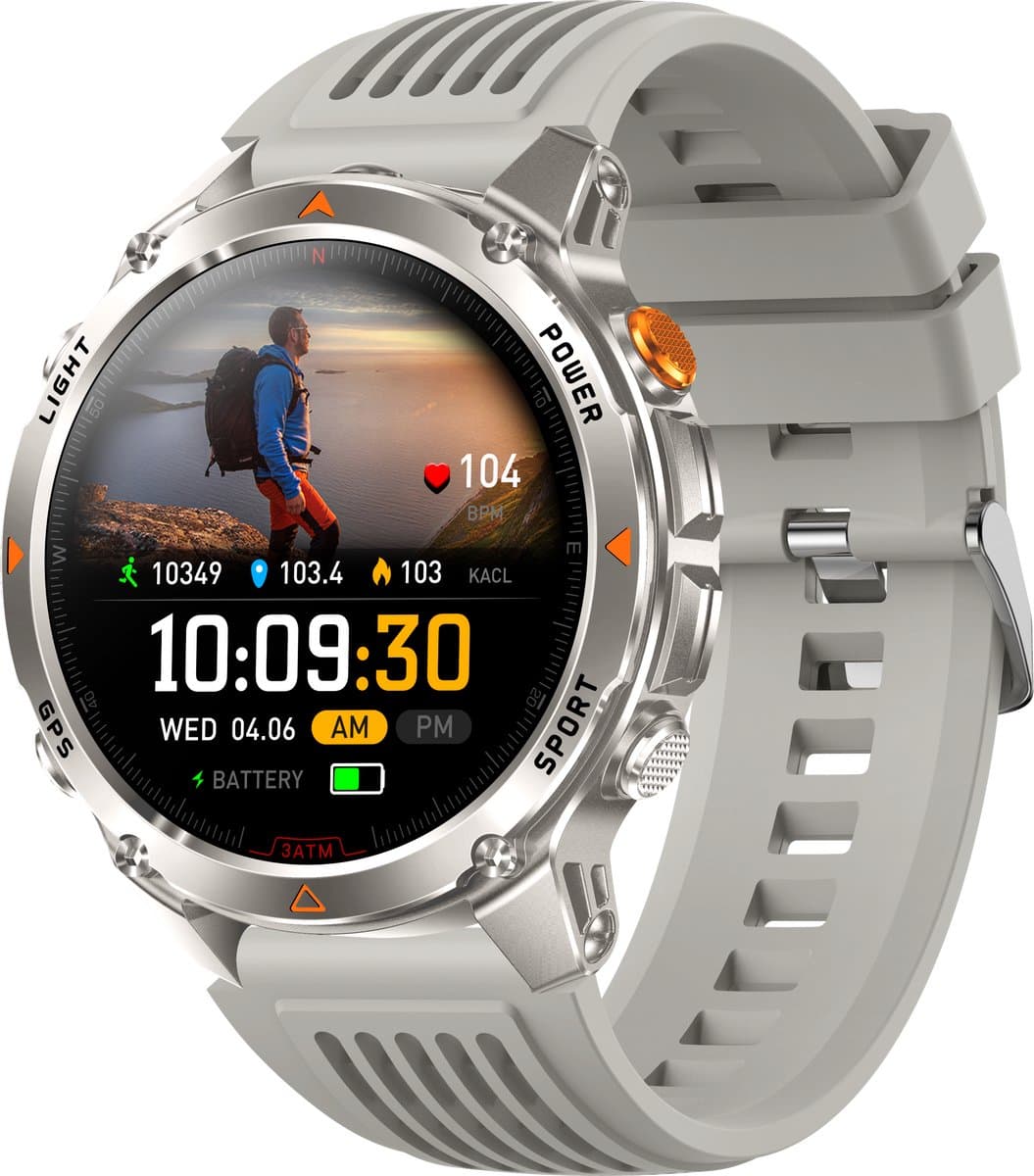 Knobbout 1.46”(3.7cm) GPS Outdoor Smartwatch – 6 Satelliet Positionering - Kompas & Hoogtemeter -LED-zaklamp - Hartslag & SpO₂, 30 m Waterdicht - 540mAh Batterij, Bluetooth 5.3-Zilver Grijs — afbeelding 1