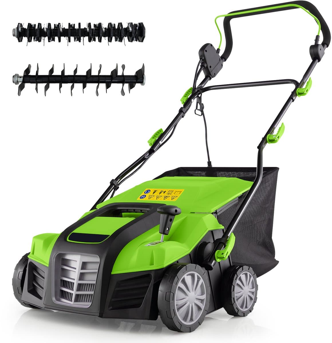 COSTWAY Elektrische verticuteermachine en gazonventilator, 41 cm, 15 A 2-in-1 verticuteermachine met 3 standen hoogteverstelling en 5 niveaus werkdiepte, inklapbare GEH-gazonventilator met 55 l — afbeelding 1