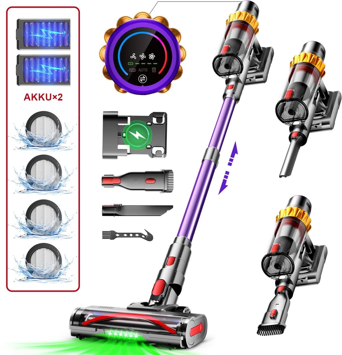 Hiaonyx steelstofzuiger - steelstofzuiger draadloos - 75000pa - 8*2200mAh - LED Verlichting - Geschikt voor Tapijten - twee batterijen - paars — afbeelding 1
