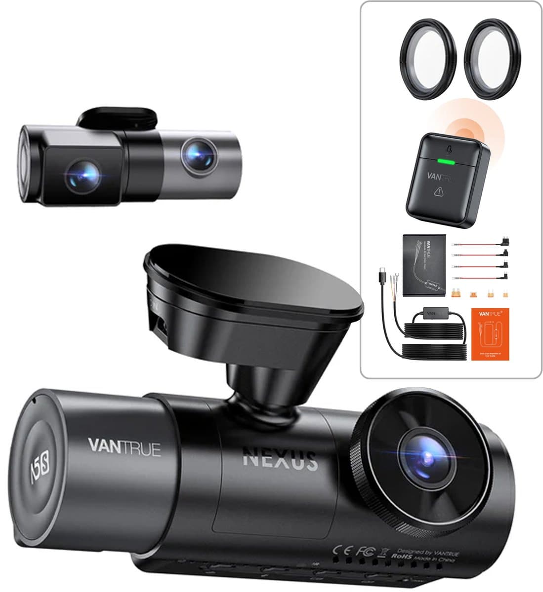 Vantrue N5S 4-Kanaals 360 Graden WiFi Dashcam, STARVIS 2, IR Nachtzicht, 2.7K+1080P*2+1440P Voorste/Achterste Binnencamera, Spraakbediening, GPS, 24 Uur Parkeerstand【Gratis bij aankoop: 40mm CPL-filter*2 + VP03 Hardwire Kit + Afstandsbediening】 — afbeelding 1
