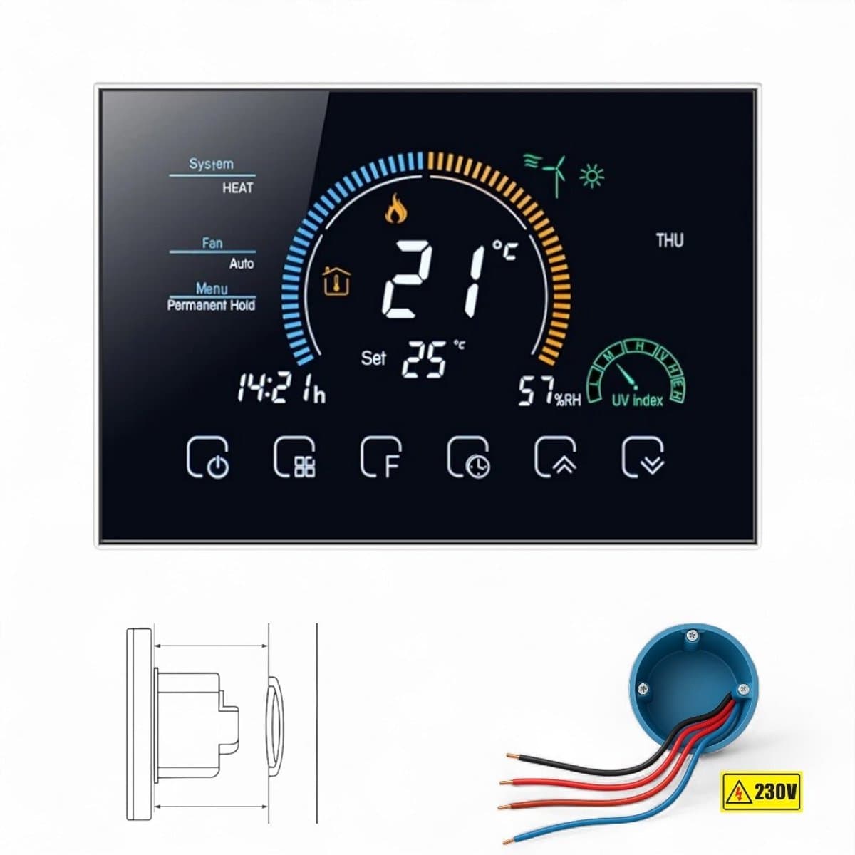 Inbouw thermostaat | Wifi | Touchscreen bediening | 4 draads installatie | Programmeerbaar | Tuya Smart Life | Zwart | CV installatie — afbeelding 1