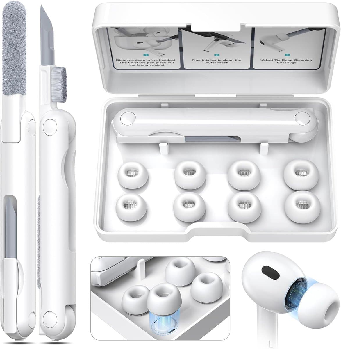 YONO Oordopjes Set met Cleaner Kit voor Airpods Pro - 4 Paar Vervangende Siliconen Ear Tips - Schoonmaakset - Wit — afbeelding 1