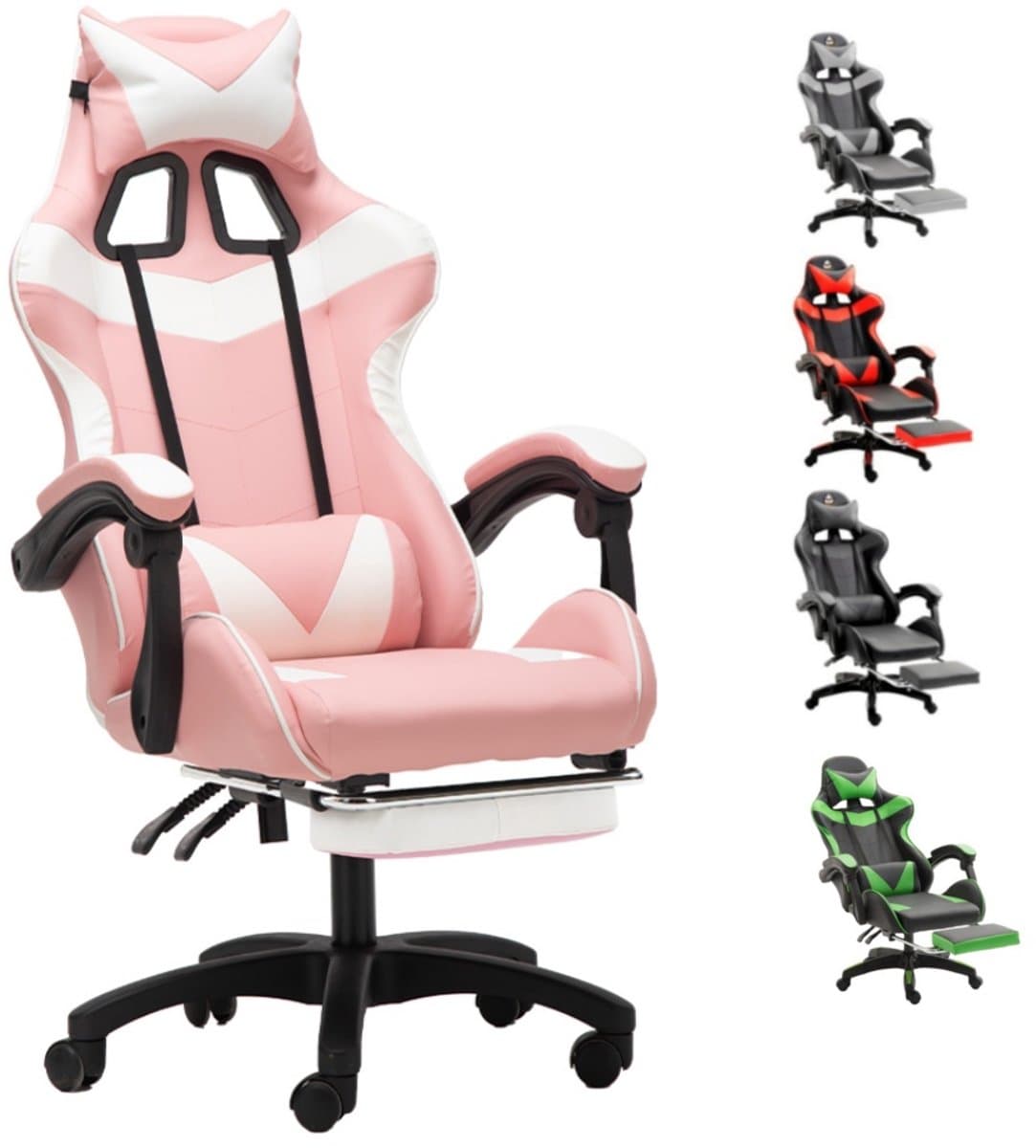 GOTAGEE Gamingstoel Bureaustoel Ergonomische Gamestoel Met Lendensteun un voetpedalen Hoogte en Ligfunctie Wit-Roze — afbeelding 1