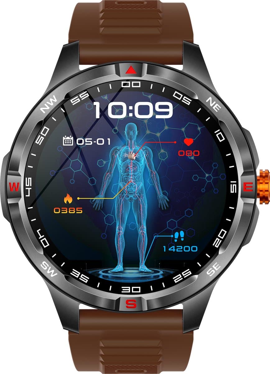 Knobbout 1.46” Sport Smartwatch met Extra Lange Batterijduur – 1000mAh - LED-zaklamp & kompas - AI Spraakassistent - Bluetooth Bellen - 100+ Sportmodi, IP68 Waterdicht -Bruin Silicone — afbeelding 1