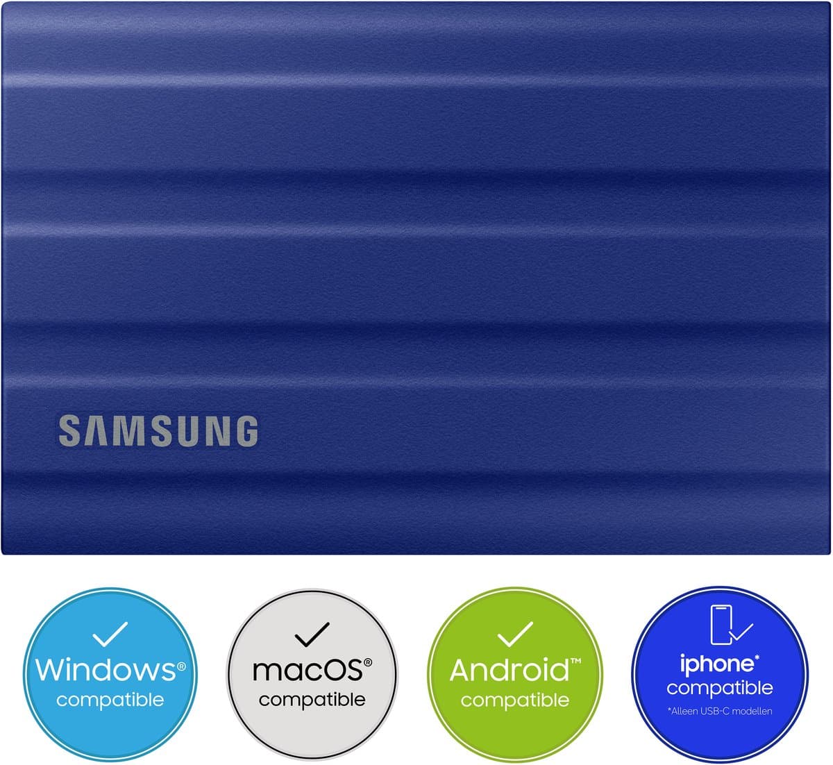 Samsung Portable T7 Shield - Externe SSD - USB C 3.2 - Inclusief USB C en USB A kabel - Geschikt voor iPhone USB C - 2 TB - Blauw — afbeelding 1