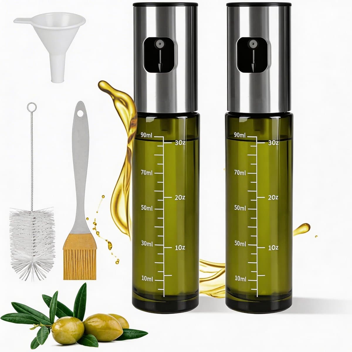 Namajunas - Oliesproeier 100ml voor de keuken - Olijfolie Sprayer 100ml - 2 stuks - UV beschermglas - Airfryer Accessoires - Keukengerei - Voor BBQ, Bakken & Koken, salades, bakken - Trechter & Schoonmaakborstel — afbeelding 1