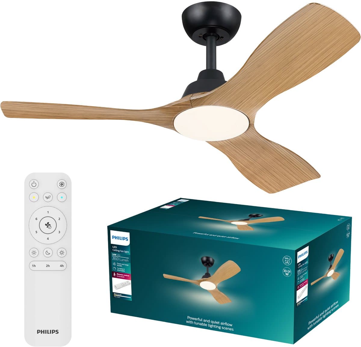 Philips Olas Ventilator met LED lamp - Diameter: 106cm - Instelbaar wit licht van 3000K tot 6500K - Dimbaar tot 5% - Inclusief afstandsbediening - 2650 Lumen - Zwart/Hout — afbeelding 1
