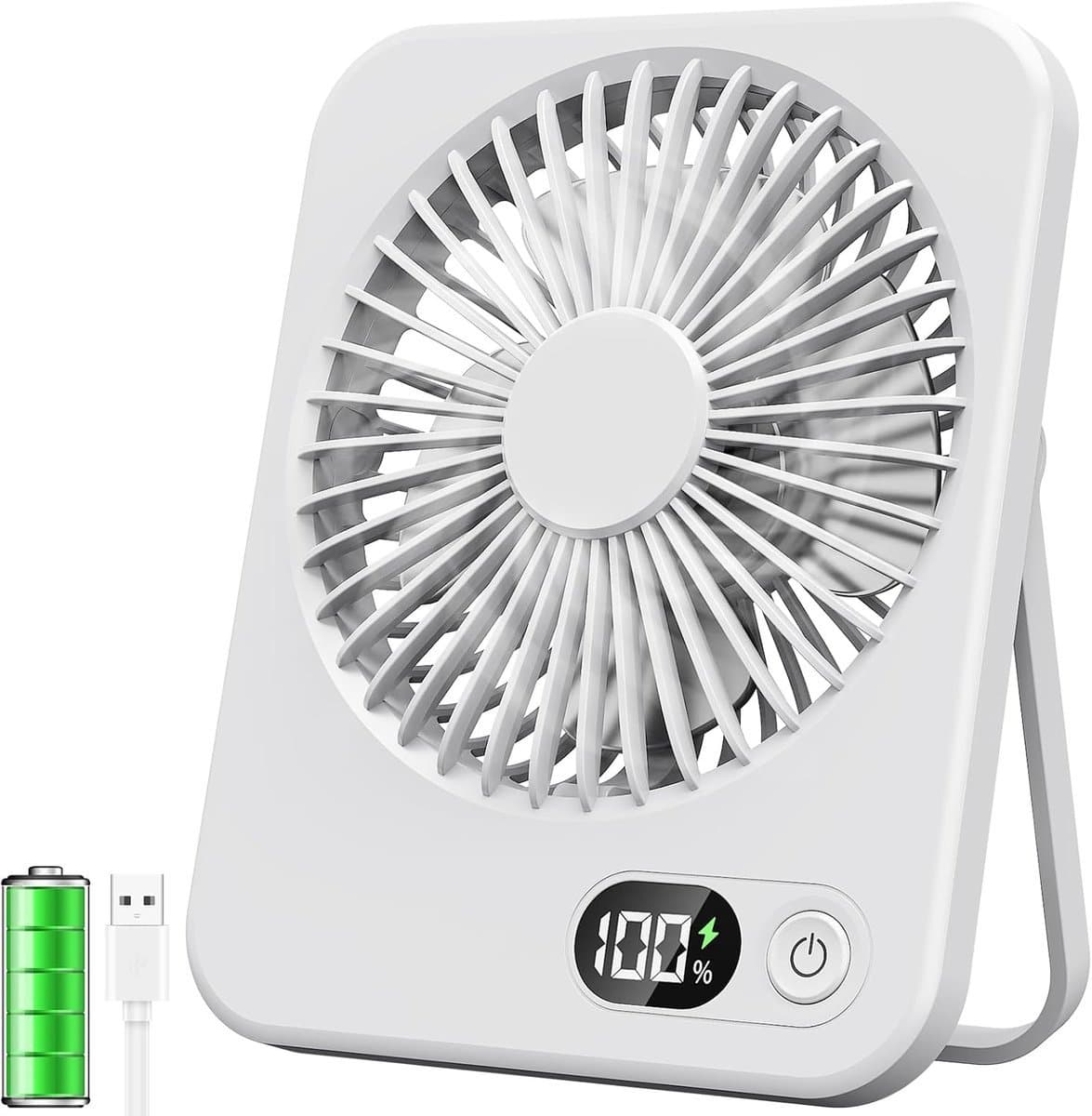 Solvix tafel ventilator geluidloos - Draagbare Ventilator - Wit - Oplaadbare Batterij - LCD Display - Voor Thuis en Op Reis — afbeelding 1