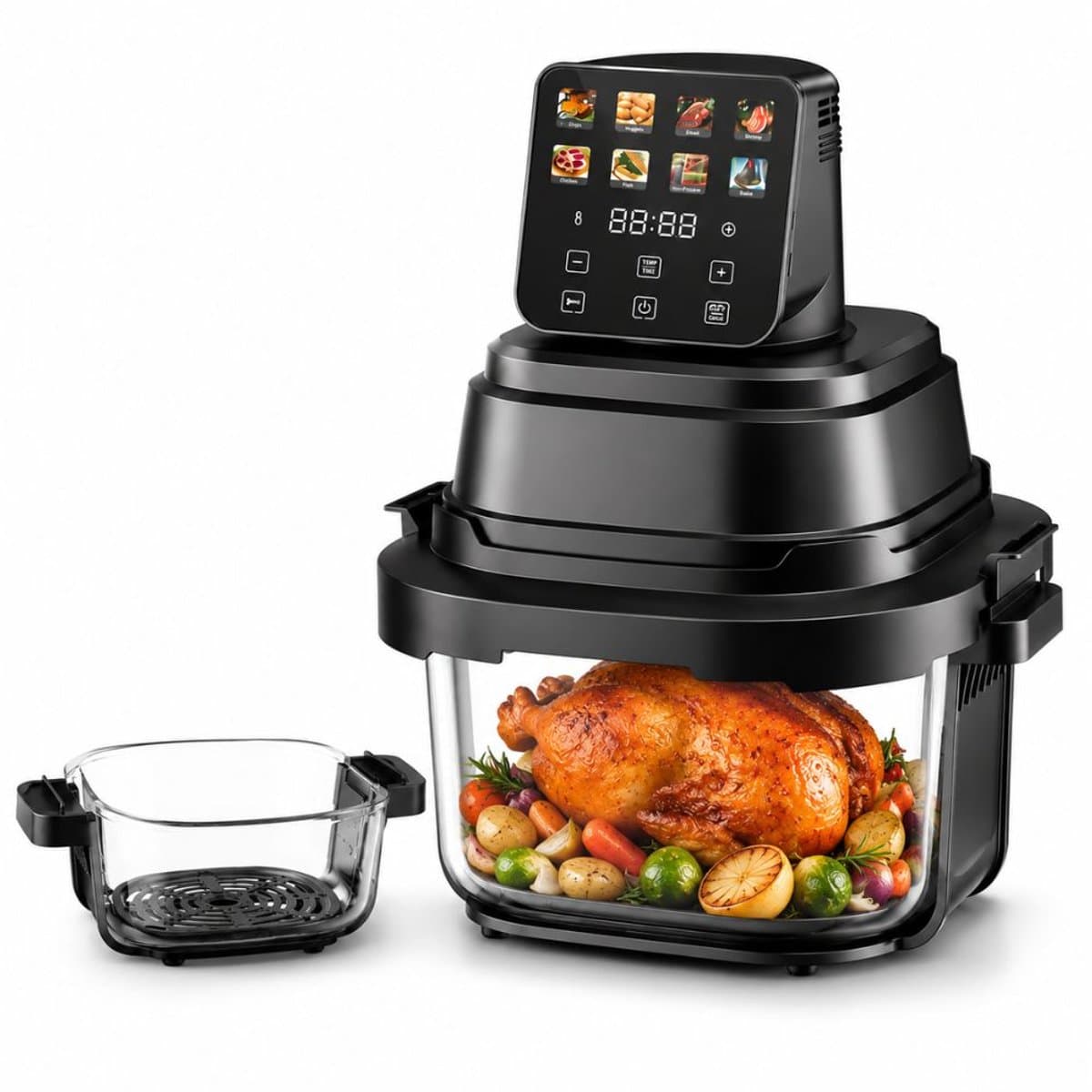 Just Perfecto Draagbare Glazen Airfryer – Totale Capaciteit 5,5 L, 1,5 L + 4 L Transparante Glazen Mandjes, Olievrije Heteluchtfriteuse — afbeelding 1