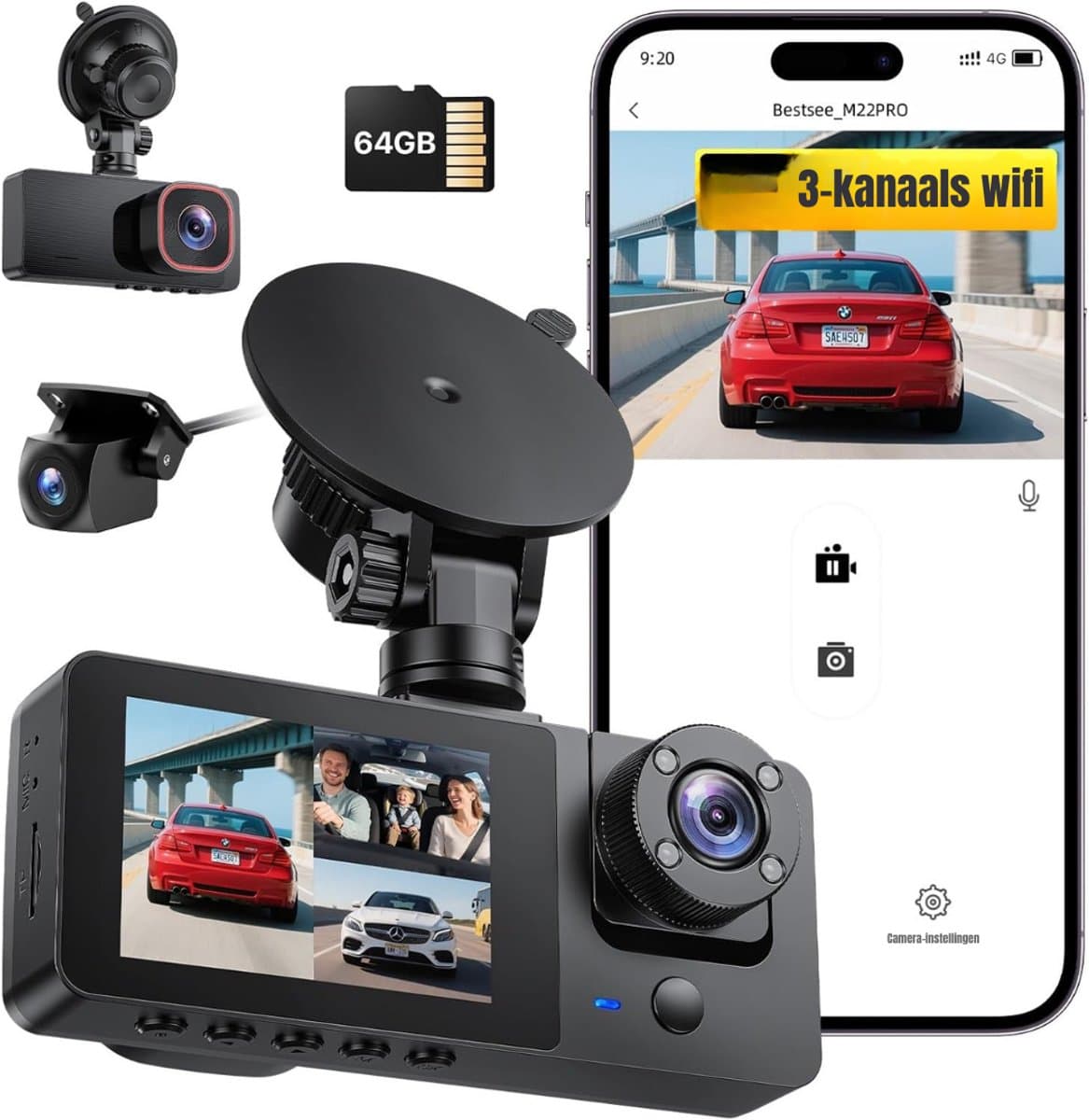QORA® Dual Dashcam - Dashcam Voor Auto 1080p - Voor en Achter Camera – Zwart - 11cm x 2cm x 6cm; 300 g — afbeelding 1