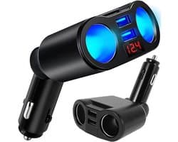 Thijox - Sigarettenaansteker verdeler met 2 meervoudige stopcontacten, 2 USB poorten, voltmeter, 12V/24V auto-oplader voor mobiel, tablet, GPS, dashca