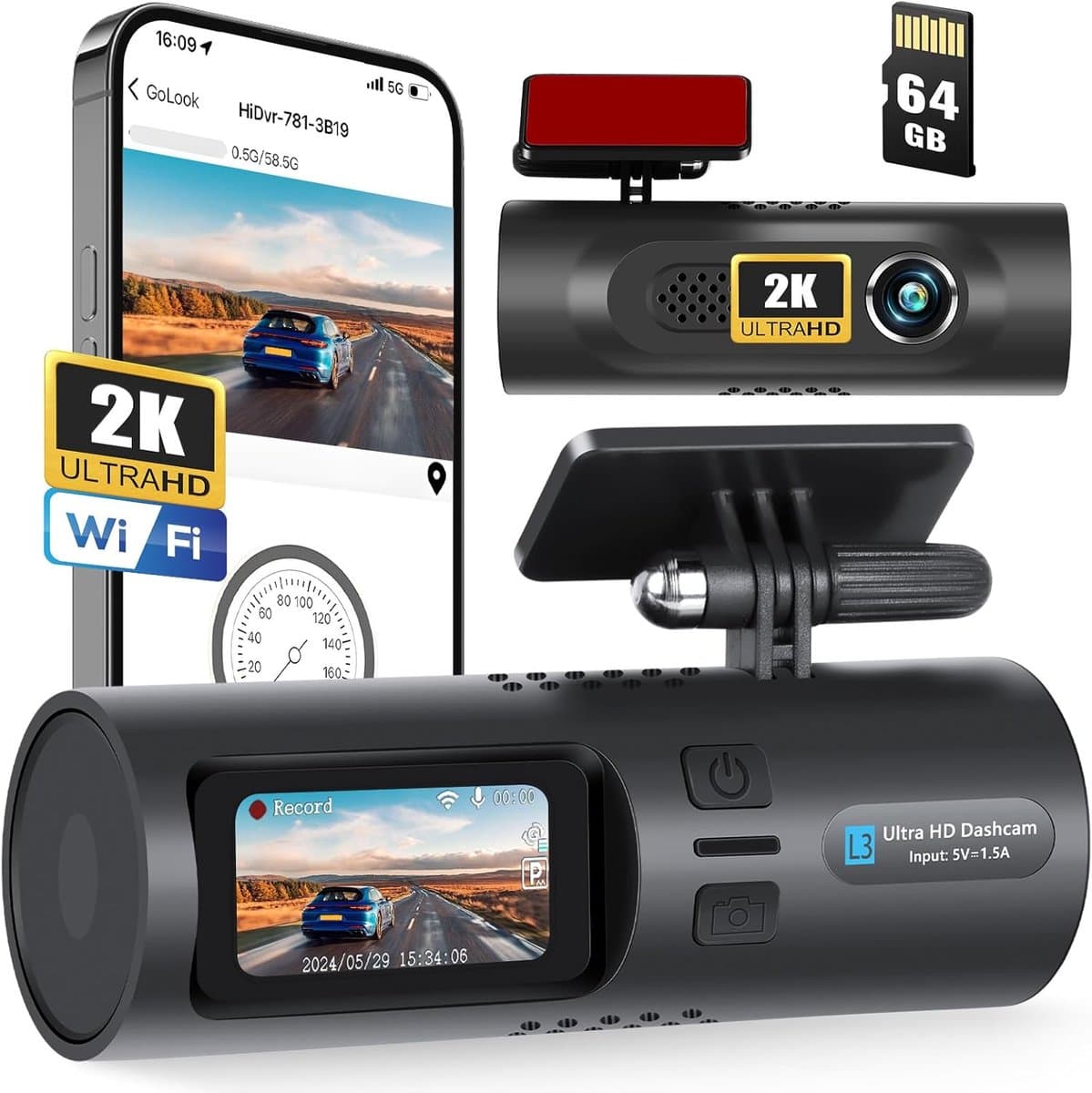 2K WiFi dashcam, Dashcam voorzijde en interieur, Inclusief 64 GB SD-kaart, App-bediening, Parkeerbewaking, G-sensor en loopopname — afbeelding 1