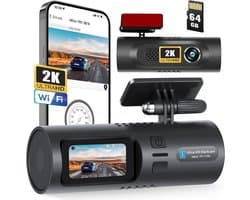 2K WiFi dashcam, Dashcam voorzijde en interieur, Inclusief 64 GB SD-kaart, App-bediening, Parkeerbewaking, G-sensor en loopopname