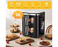 Airfryer – Heteluchtfriteuse – Dubbele Mand – Dubbele Lade – XXL Heteluchtoven – 11L Capaciteit – Verticaal Stapelbaar – PFAS-vrij – 2800W – 10 Kookprogramma’s – Sync & Match Functie