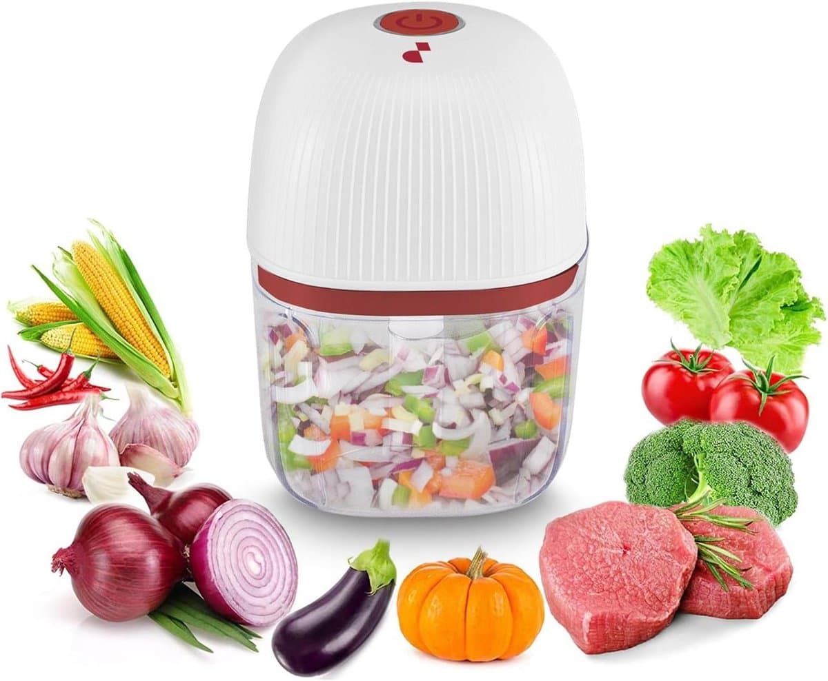 Mini Hakmachine - Keuken Accessoire - Snel Ingrediënten Snijden - Draadloos Oplaadbaar - 350ml Reservoir - Rood Wit — afbeelding 1