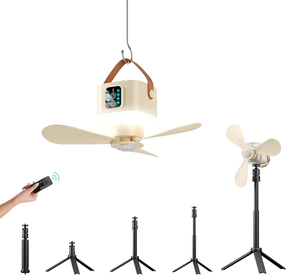 Tentplafondventilator, campingventilator met 3600 mAh-accu, 2-in-1 staand en hangend ontwerp voor op de camping en in studentenkamers – beige — afbeelding 1
