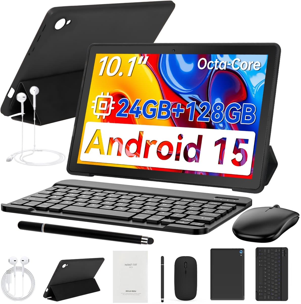 10.1 inch Kindertablet - Android 15 tablet - 24(4+20)GB RAM/128GB ROM - Wifi 6 - Met Toetsenbord, Muis, Oordopjes & Bescherming – Perfect Voor School & Thuiswerken & Reizen - Zwart — afbeelding 1