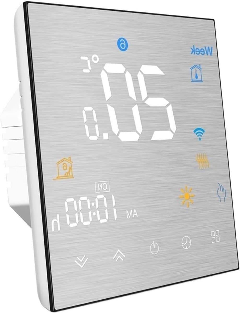 Slimme Thermostaat - Temperatuurregelaar Verwarming - Comfort Verhogend - Geborsteld Metaalpaneel - Vierkant Display - Zilver — afbeelding 1
