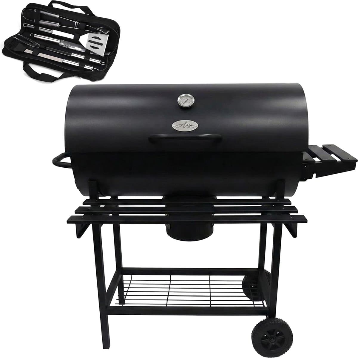 Alora Houtskool Barbecue - Inclusief Spatelset - Geïntegreerde Thermometer, Warmhoudrek, Asopvangbak & Zijtafel - BBQ op Wielen - met Deksel - Zwart — afbeelding 1