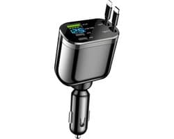 Intrekbare autolader - 4-in-1 supersnelle telefoonlader voor in de auto, accessoires voor het opladen van mobiele telefoons met twee type C-kabels en 2 USB-poorten, universeel voor SUV, sedan en vrachtwagen