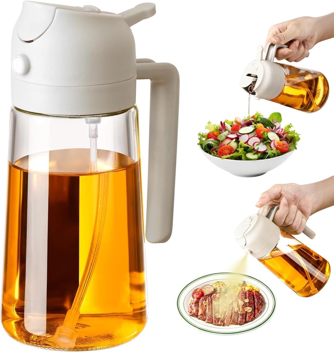470 ml oliesprayfles - Glazen oliespray voor airfryers en salades - Keukengerei - Herbruikbaar - Vaatwasserbestendig - Gebroken wit — afbeelding 1