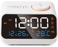 Digitale Wekkerradio - Wekkers digitaal - Klokradio - Multifunctionele Wekkerradio - FM Radio - Temperatuur Vochtigheid Display - Spraakbesturing - Snooze Functie - LED Display - Instelbare Helderheid - Wit - Binnenklimaat Bewaking