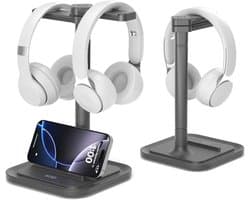 2-in-1 Desk Headphone Stand with Phone Holder - Rotating Non-Slip Organizer for All Headphone Sizes