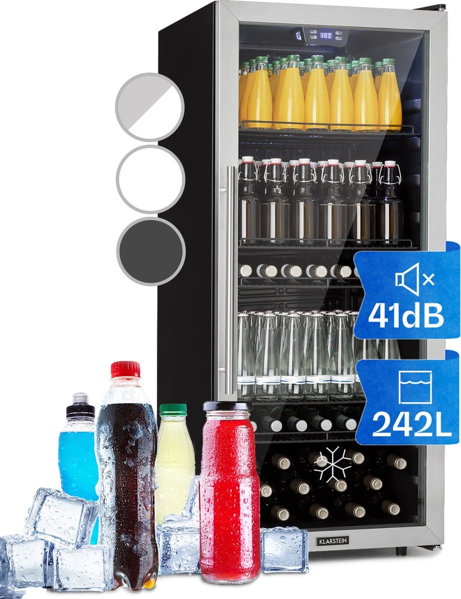 Klarstein Drankkoeler minikoelkast met glazen deur, minikoelkast voor op de kamer, kleine met verstelbare schappen, kleine koelkast van 242 liter, stille koelkast voor binnen en buiten - Drankkoelkast Drankenkoelkast - Touch Display - RVS — afbeelding 1
