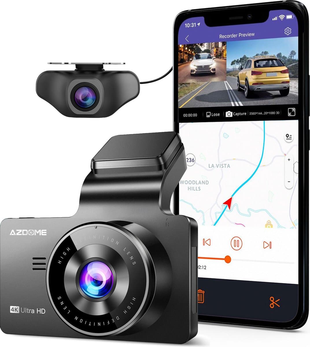 AZDome M63 Pro 2CH Dual dashcam met achter camera - Ultra 4K + FullHD resolutie - Wifi - GPS - Parkeerstand - 64gb Micro SD - 3.0 inch IPS LCD - dashcam voor auto met achter camera — afbeelding 1