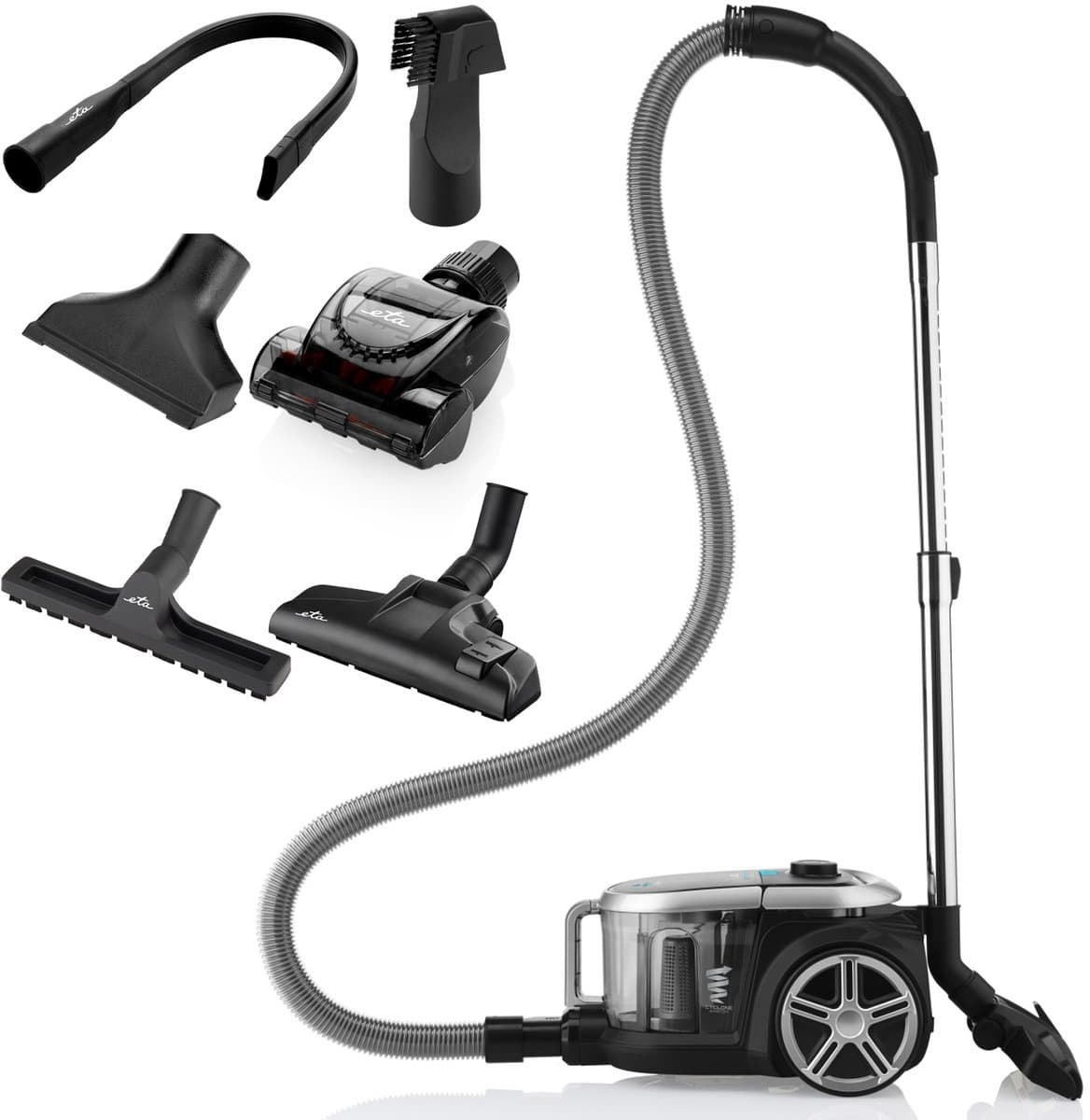 ETA Stormy Car Stofzuiger zonder Zak met Opzetstukken - HEPA 13 Filter, Instelbare Zuigkracht, ECO Motor en 360° Draaibaar – 2,2 Liter – Zwart — afbeelding 1