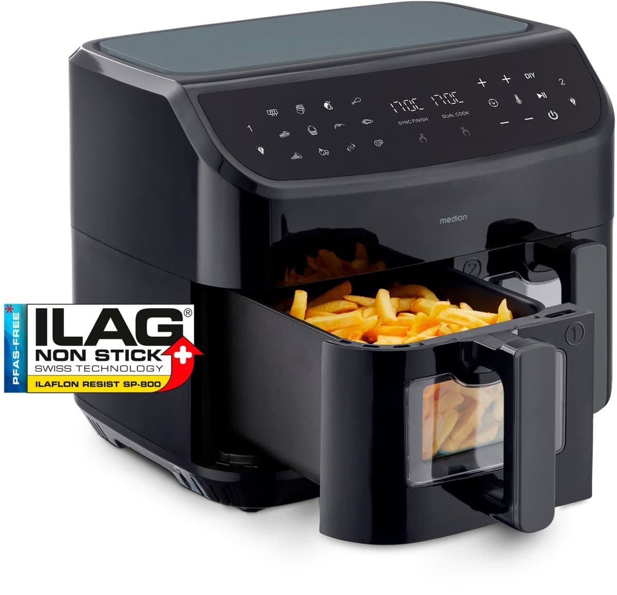 MEDION XXL Dubbele Airfryer P20 - 2 zones - 8,7 L - 2600 W - Zwart — afbeelding 1