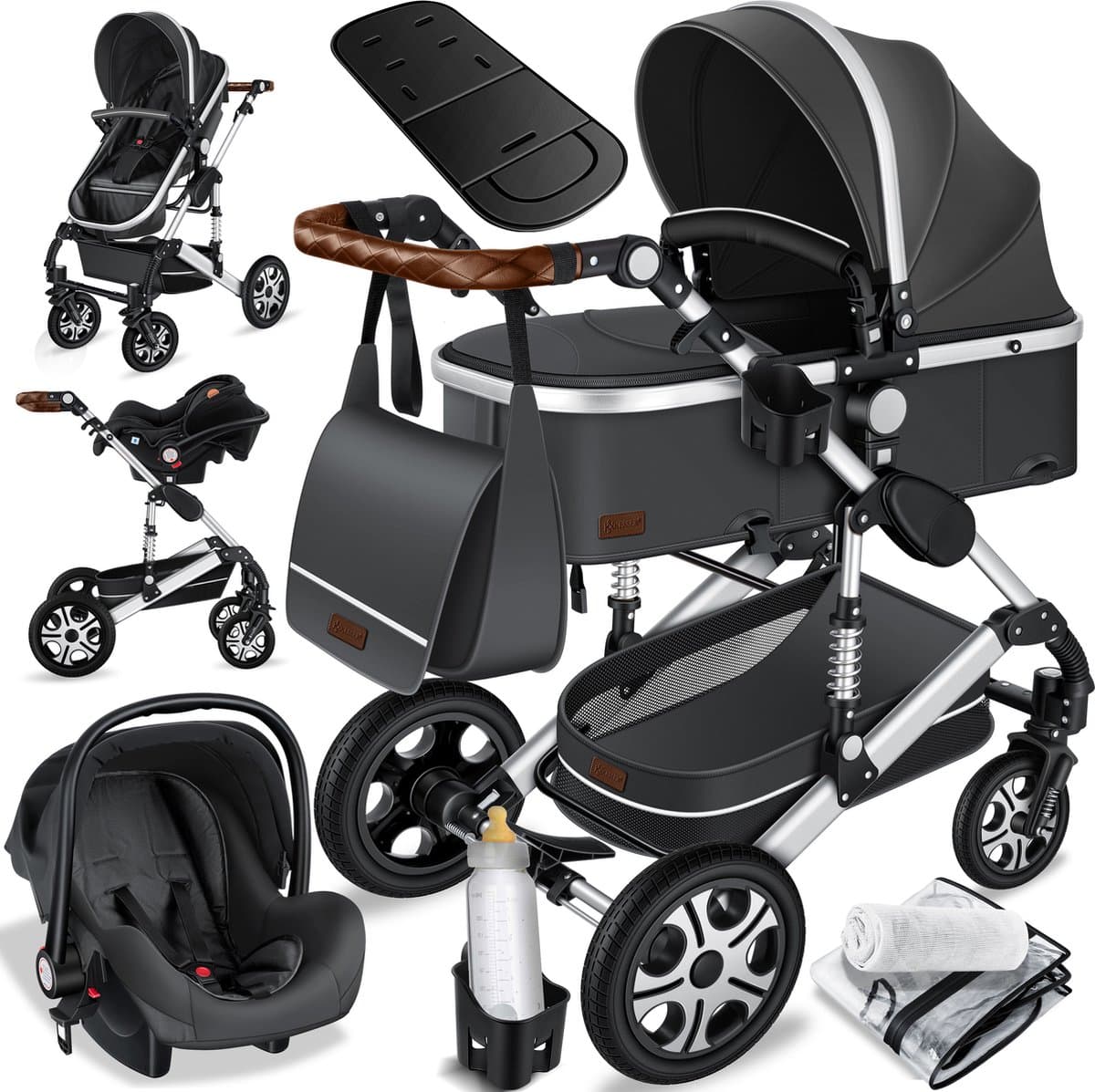 KESSER® Kinderwagen 3 in 1 Loops Wandelwagen Set incl. Autostoel & Reiswieg & Buggy Sportzitje - Massieve Rubberbanden - Luiertas / Regenhoes - Asfalt-Grijs / Zilver — afbeelding 1