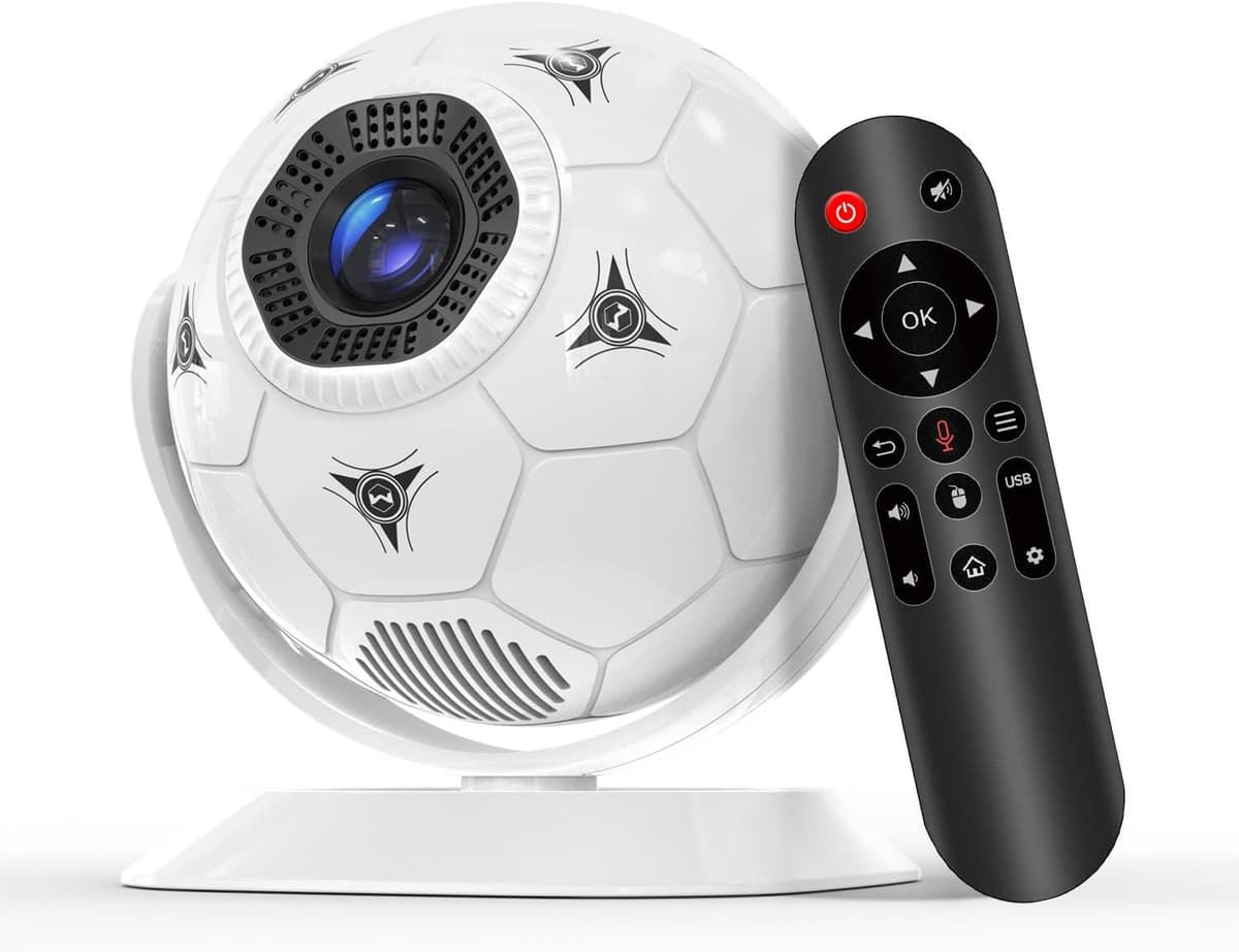 Mini-beamerprojector, 4K ondersteuning, 360° voetbalmotief, kleine thuisbioscoop, outdoor, wifi 6, bluetooth 5.4, autokeystone, draagbare projector, korte afstand voor mobiele — afbeelding 1