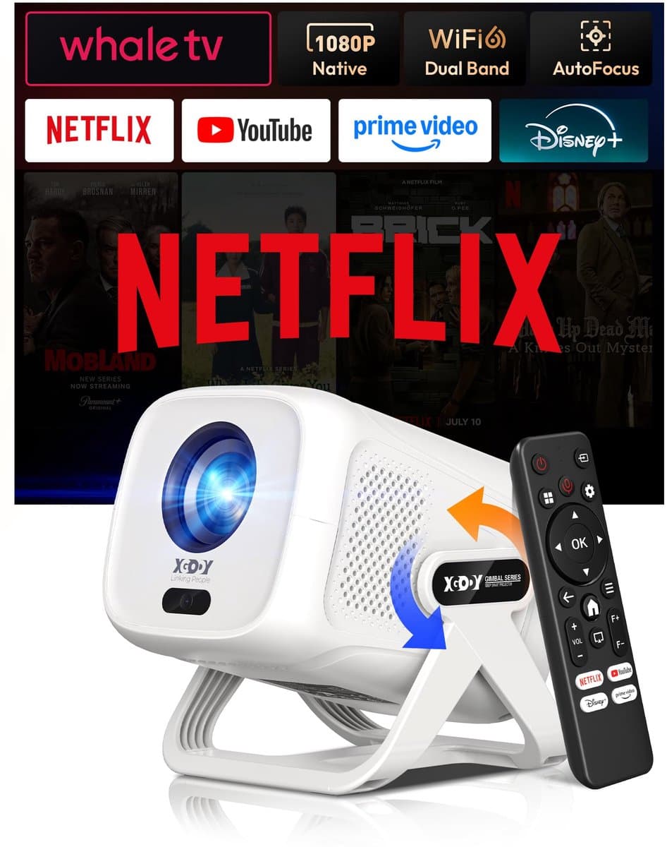 SnelShoppen - Gimbal N5 1080P Mini Beamer met Wifi en Bluetooth, Draagbare Projector met 230° Draaibare Houder en Automatische Correctie voor Feesten, — afbeelding 1