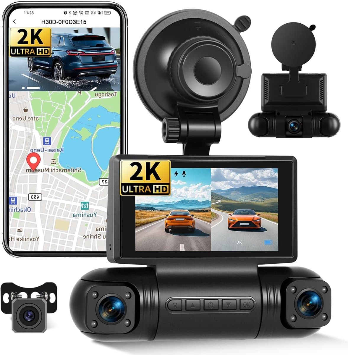 SnelShoppen - 2K Dashcam Voor- en Achteruit met APP WiFi, 4 Kanalen 2K+3*1080P, 150° Hoek, Super Nachtzicht, Parkeerbewaking, G-sensor, Loopopname, AP — afbeelding 1