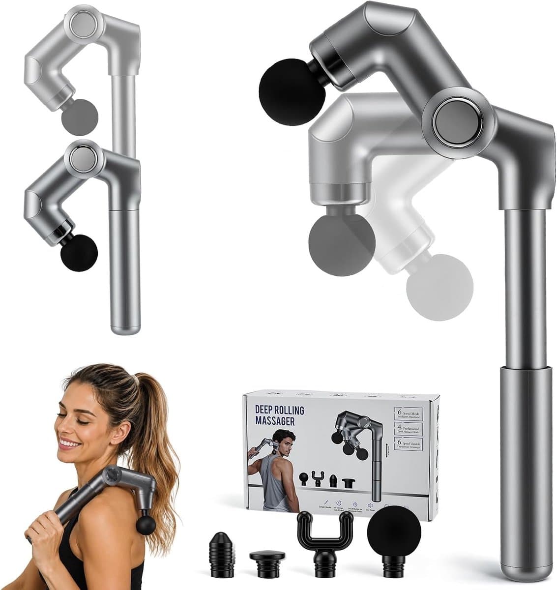 Massagepistool - Grijs - U-vormig met Verlenggreep - Ergonomisch en Inklapbaar - Voor Nek, Rug en Schouders — afbeelding 1
