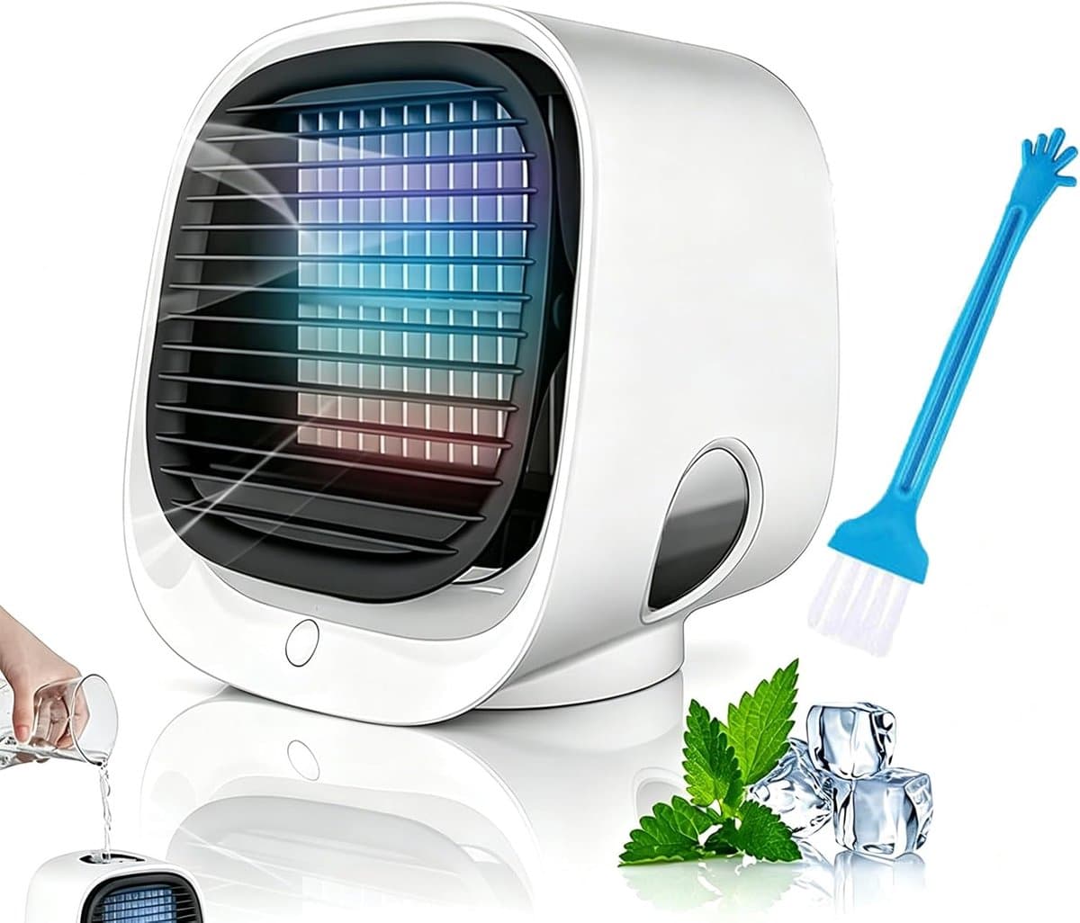Mini draagbare airconditioner, wit - Stille draagbare airconditioner, zonder uitlaat | 4-in-1 koeler en mini-luchtbevochtiger, drie ventilatorsnelheden, met nachtlampje en USB-oplaadfunctie (wit) — afbeelding 1