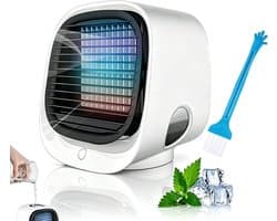 Mini draagbare airconditioner, wit - Stille draagbare airconditioner, zonder uitlaat | 4-in-1 koeler en mini-luchtbevochtiger, drie ventilatorsnelheden, met nachtlampje en USB-oplaadfunctie (wit)